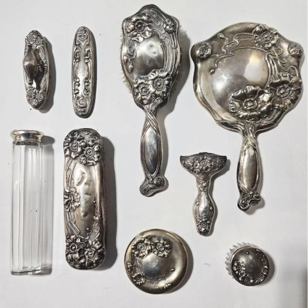 Victorian Repose  Sterling Silver‎  Large Vanity Set Brushes Jars Mirrors & More